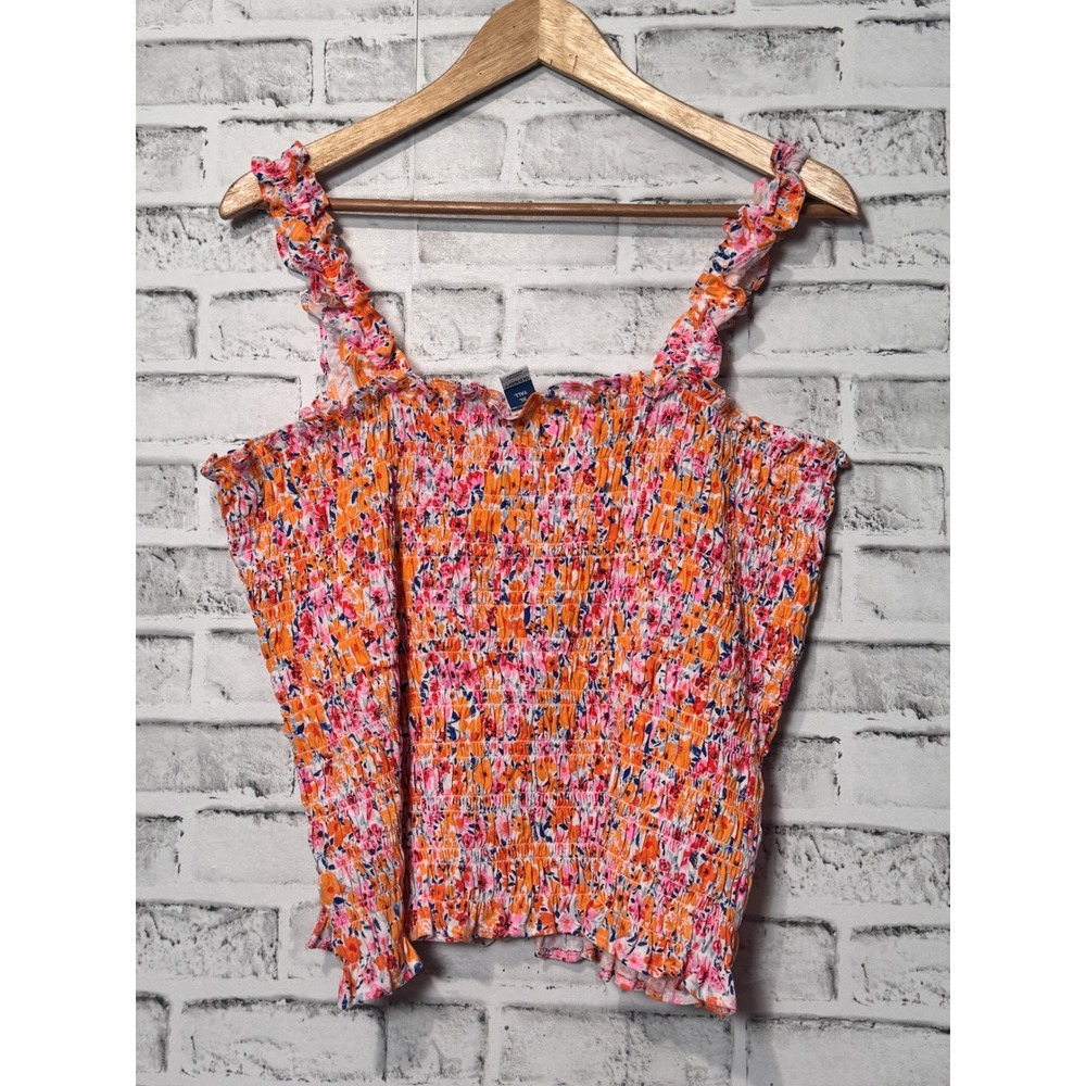 Old Navy Womens XL Tall Smocked‎ Floral Tank Top Orange Pink Cotton Ruffle Strap - Picture 2 of 7